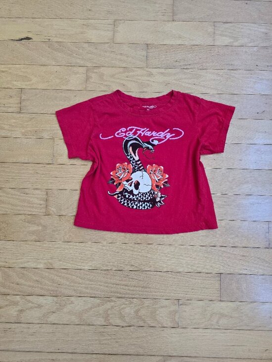 Ed Hardy Tops - vintage Y2K Ed Hardy red grunge cropped fitted t-shirt  | WMS XL